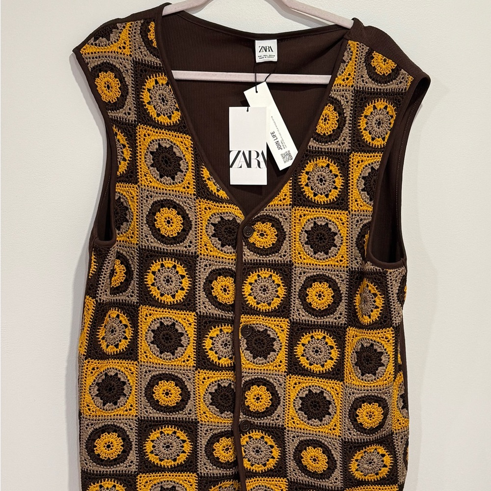 Zara Brown and Yellow Crochet Mens Top